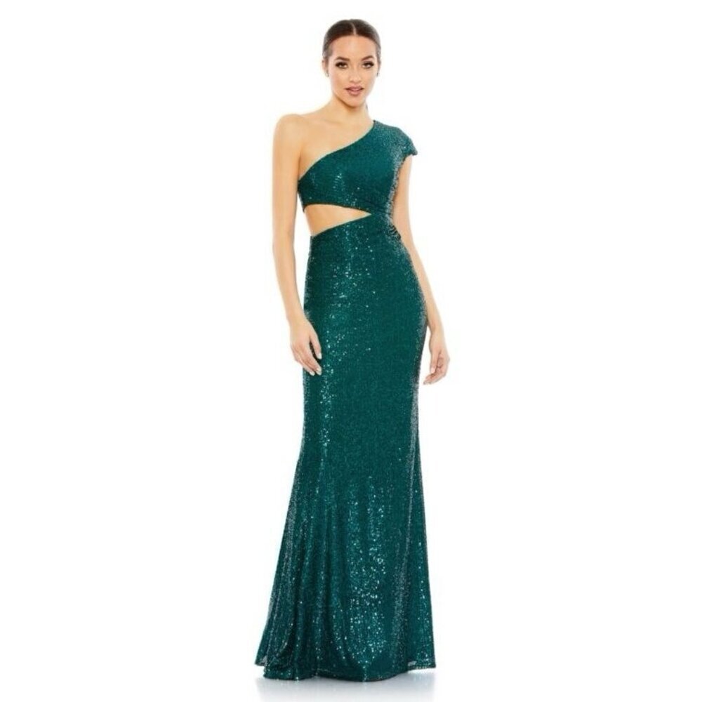 New Mac Duggal Size 2 Green 42022 Sequined One Shoulder Cut Out Maxi Gown Dress